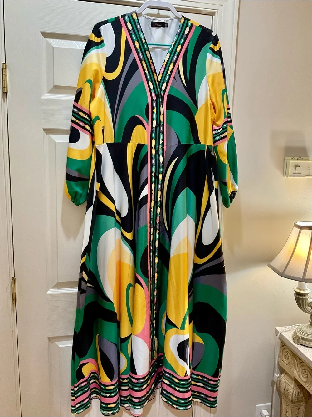 V-Neck Abstract Print Maxi Dress in Green, Yellow, Black & White